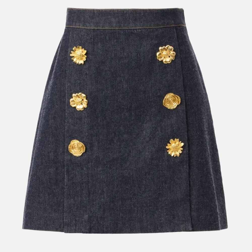 Adam Lippes Denim Skirt Cotton Blend Mini A-Line Medium Wash Blue 8 NO BUTTONS